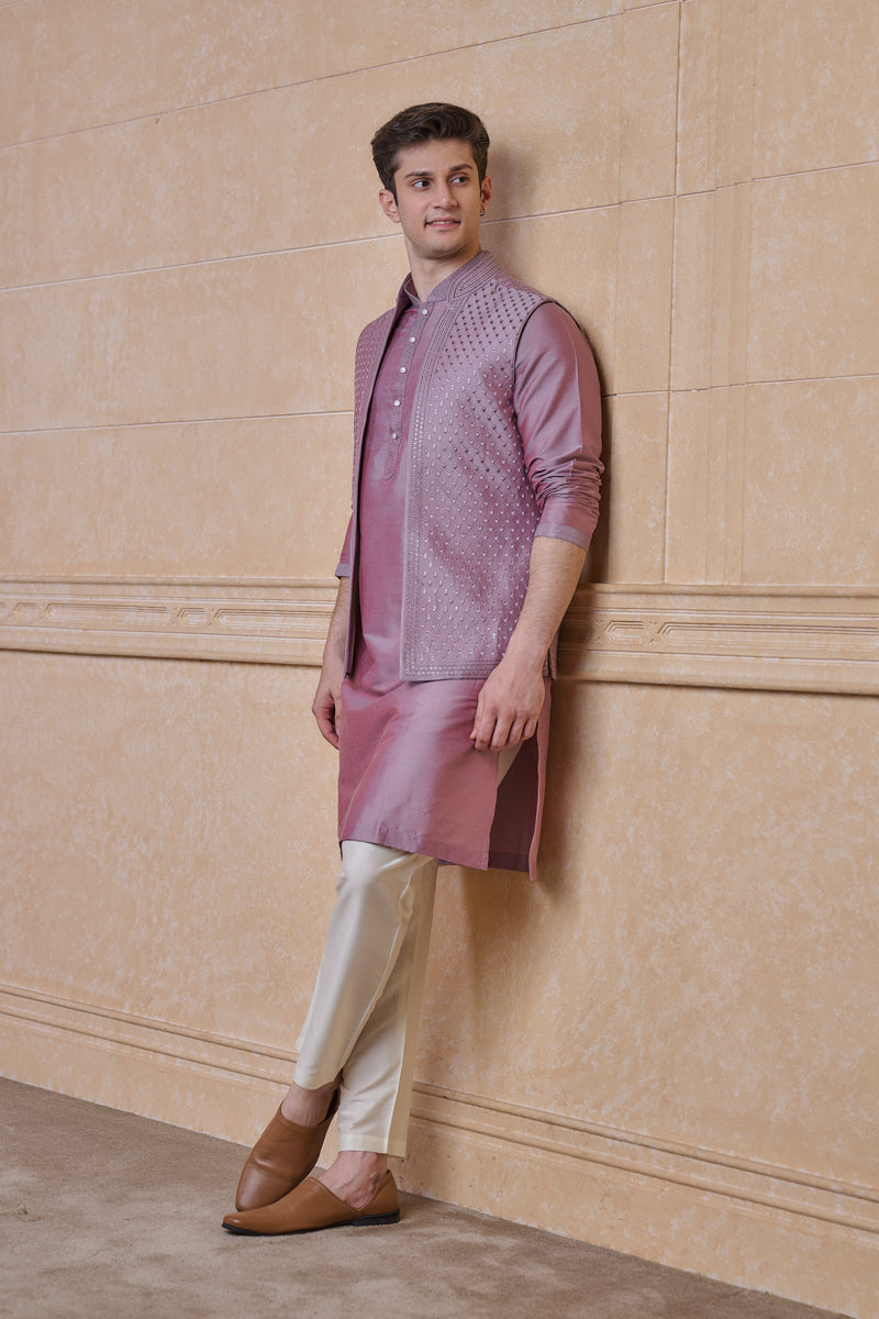 Lilac All Over Embroidered Kurta Bundi Set