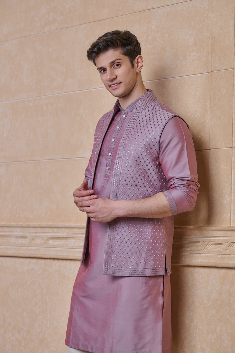 Lilac All Over Embroidered Kurta Bundi Set