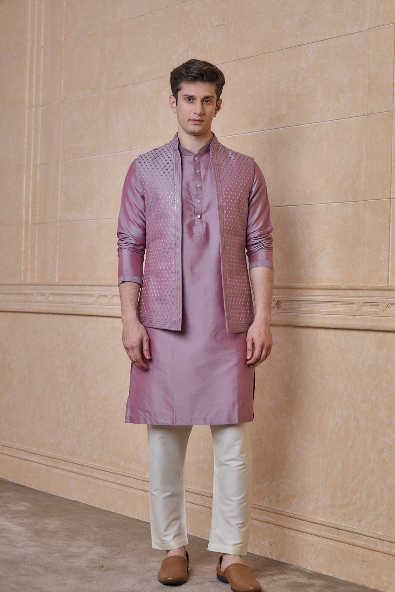 Lilac All Over Embroidered Kurta Bundi Set