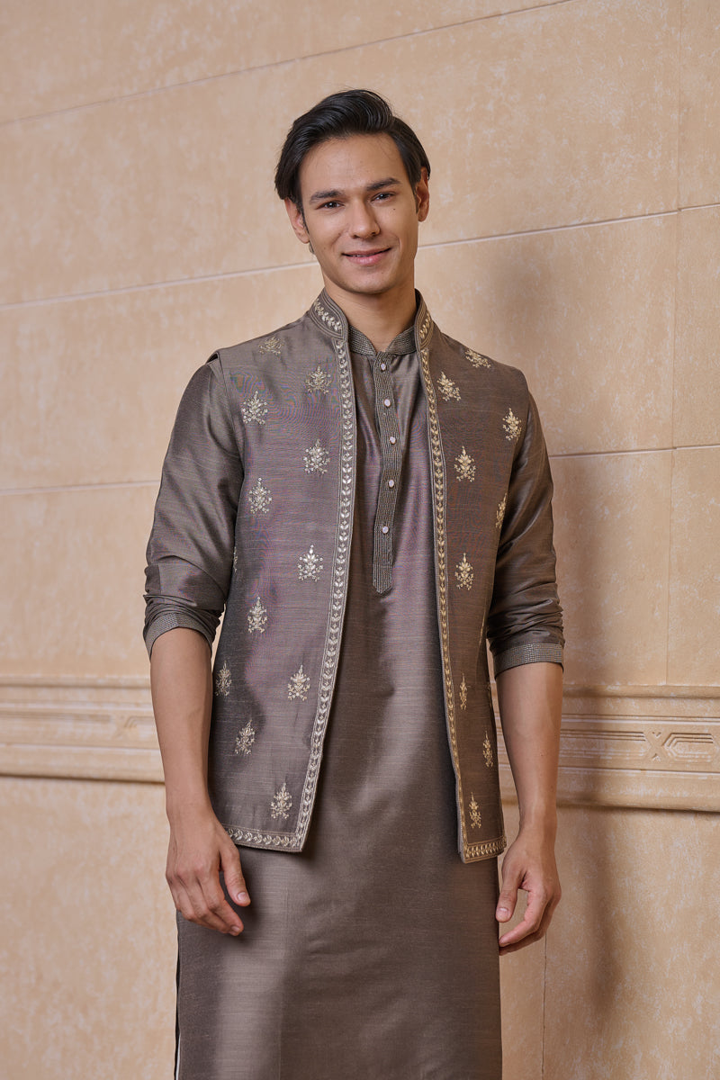 Charcoal All Over Embroidered Kurta Bundi Set