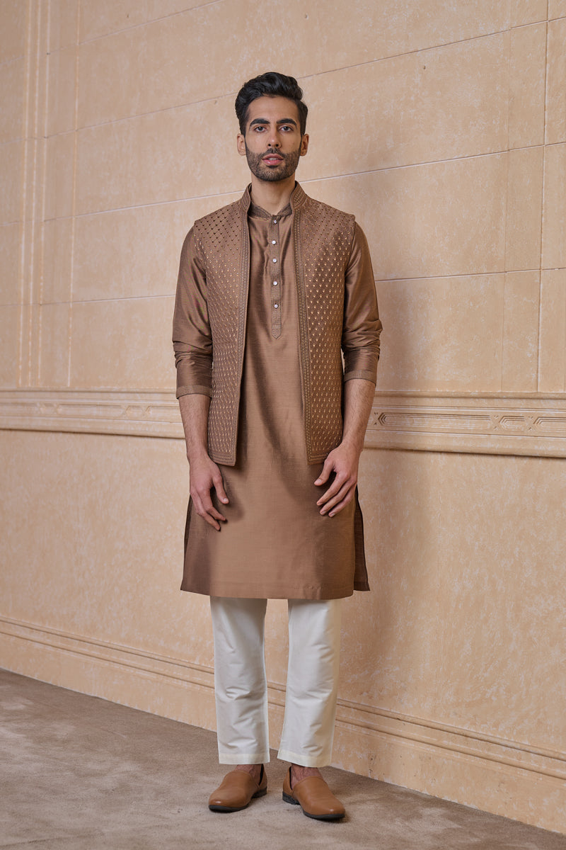 Brown All Over Embroidered Kurta Bundi Set