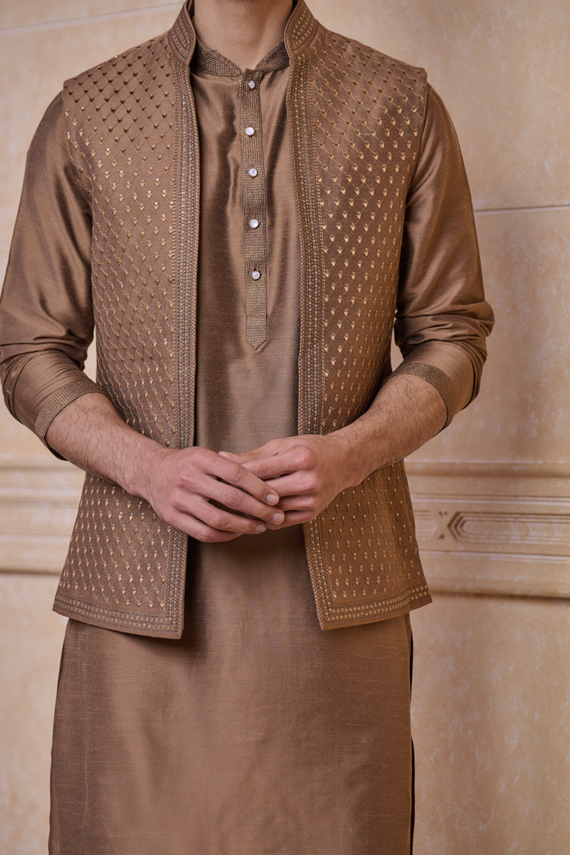 Brown All Over Embroidered Kurta Bundi Set