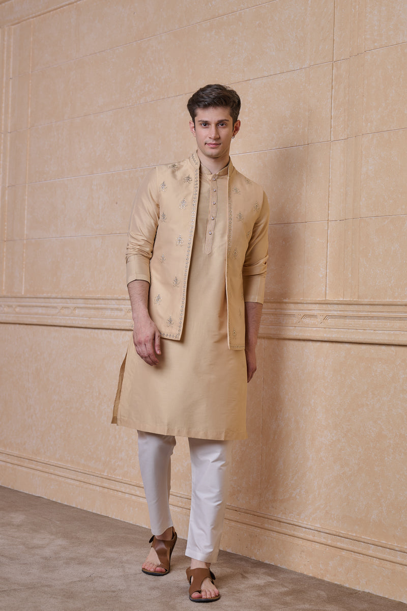 Beige All Over Embroidered Kurta Bundi Set