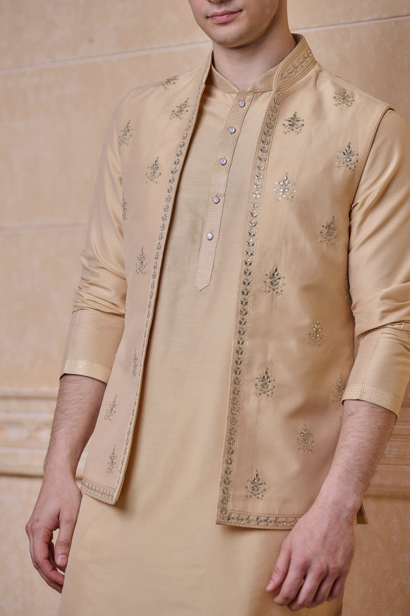 Beige All Over Embroidered Kurta Bundi Set