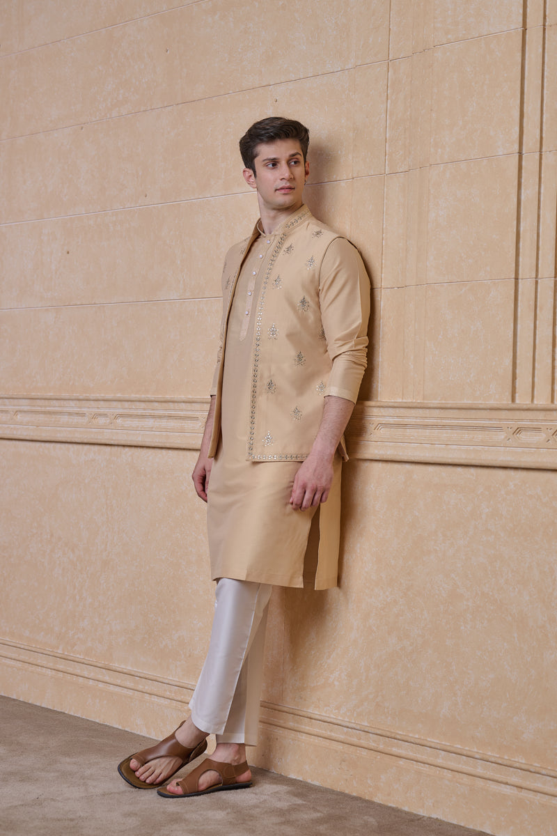 Beige All Over Embroidered Kurta Bundi Set