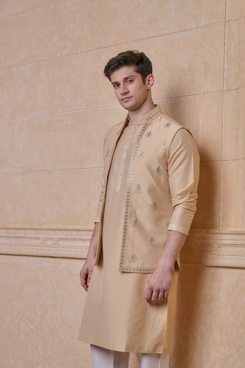 Beige All Over Embroidered Kurta Bundi Set