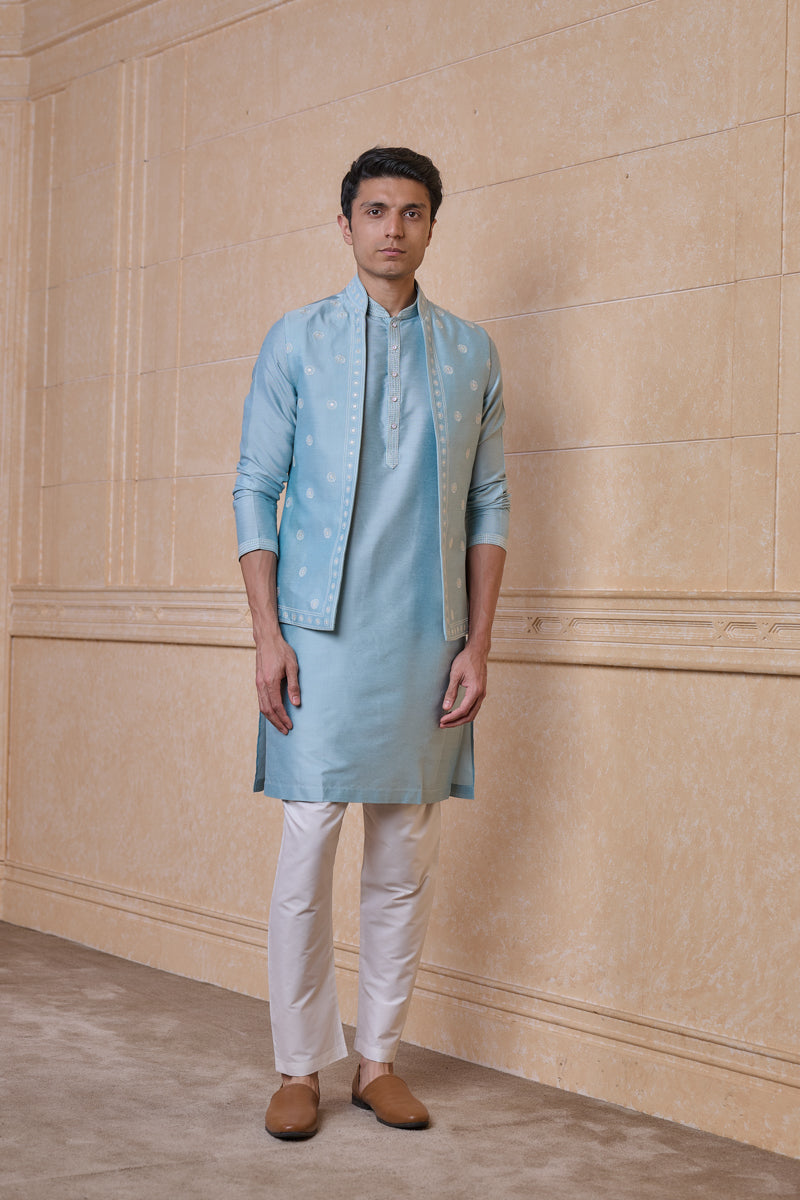 Light Blue All Over Embroidered Kurta Bundi Set