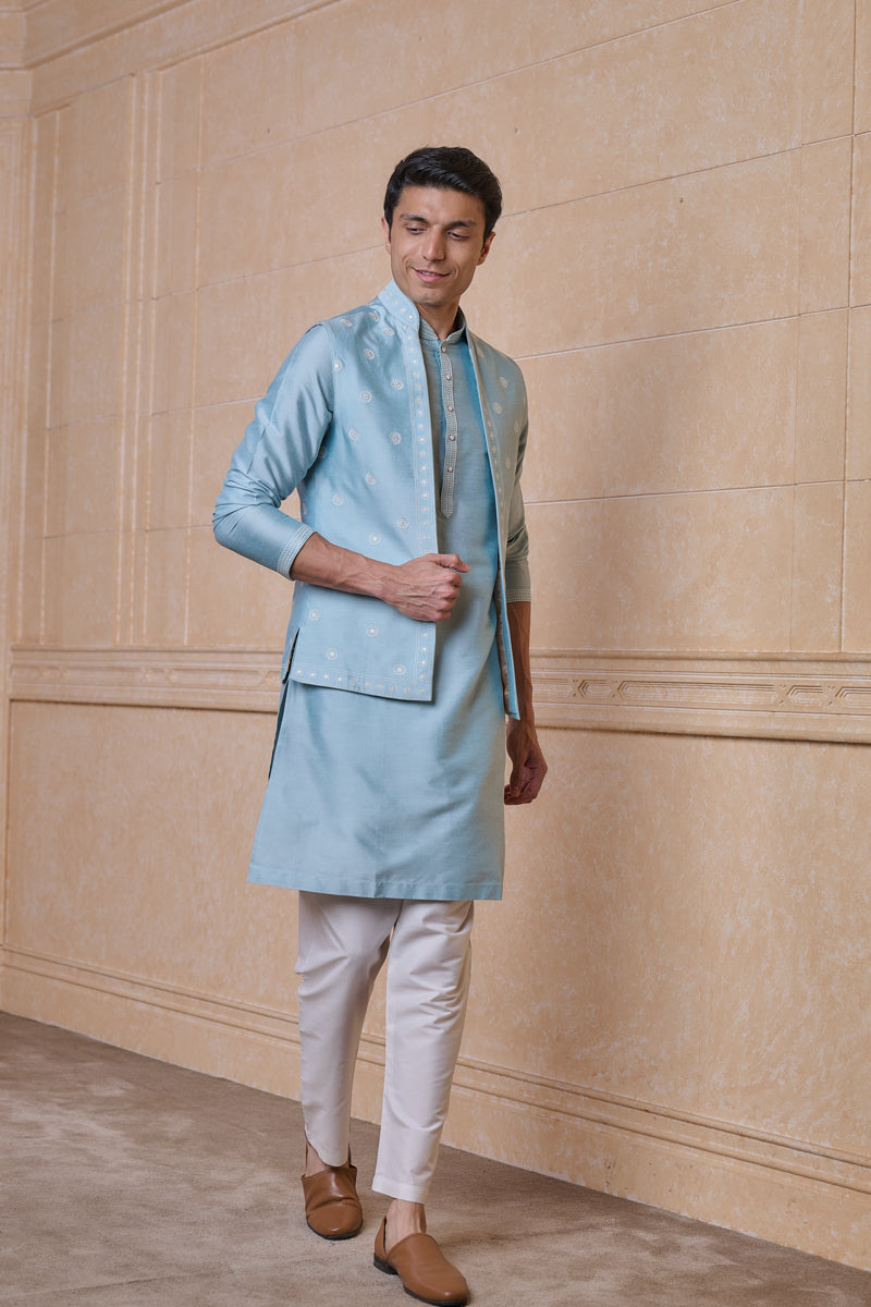 Light Blue All Over Embroidered Kurta Bundi Set