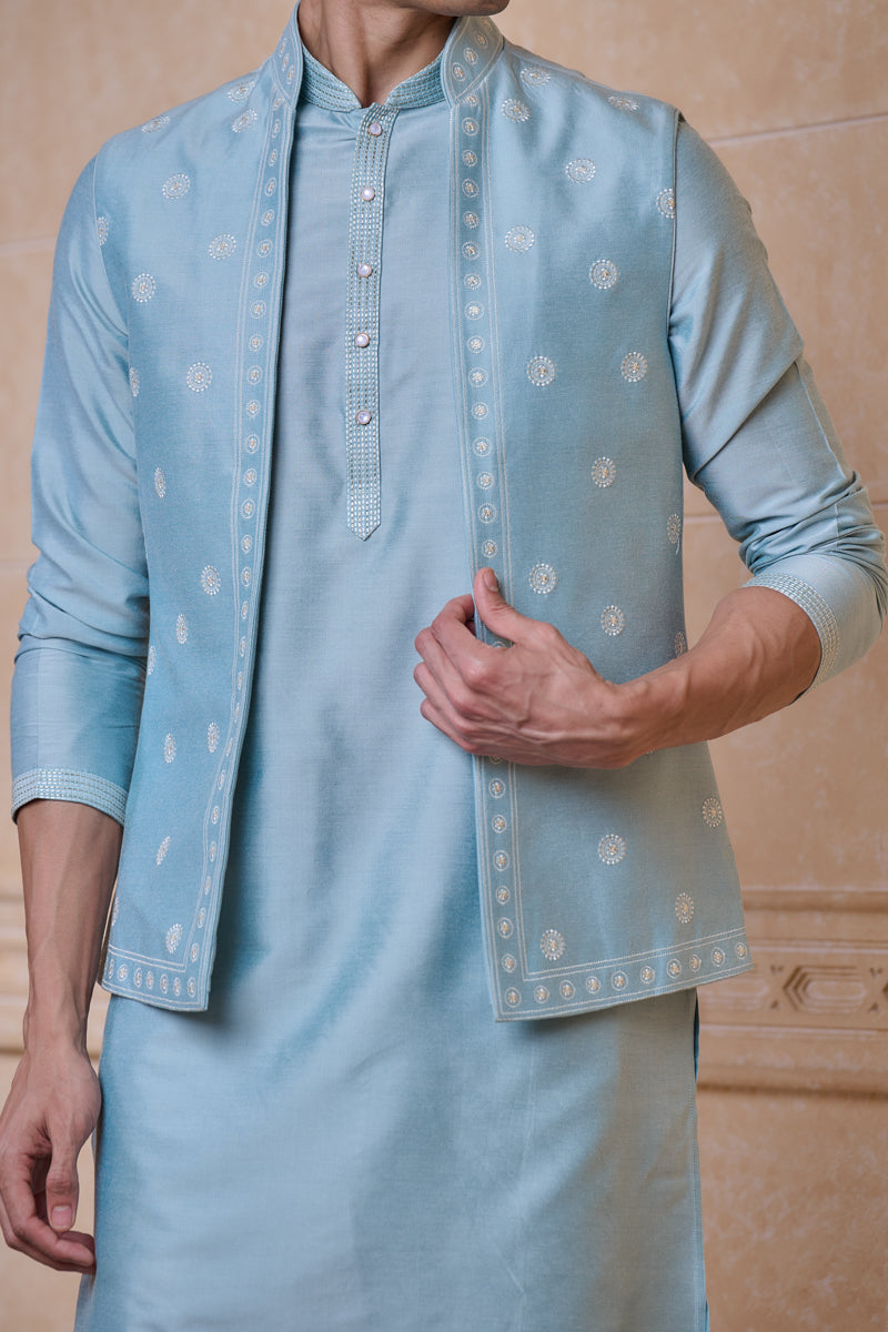 Light Blue All Over Embroidered Kurta Bundi Set