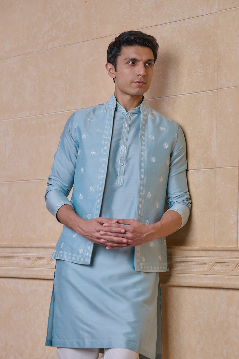 Light Blue All Over Embroidered Kurta Bundi Set