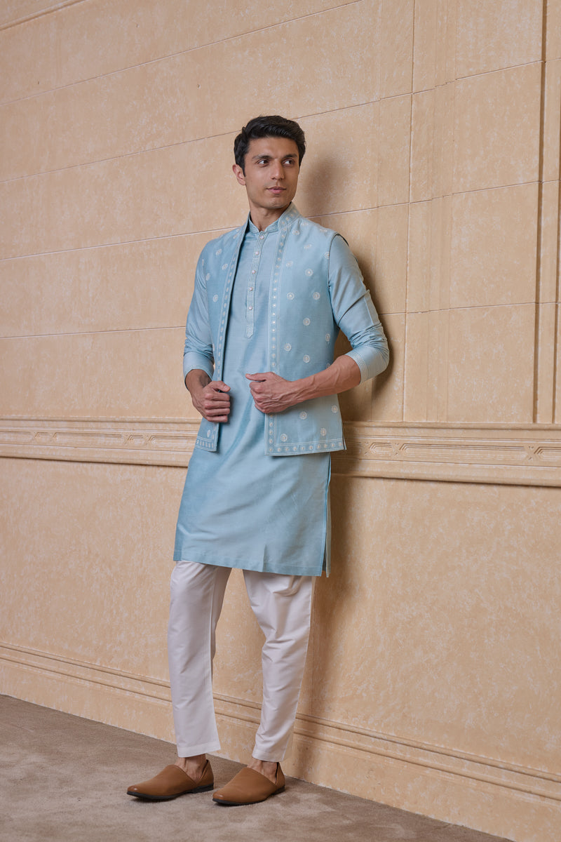 Light Blue All Over Embroidered Kurta Bundi Set