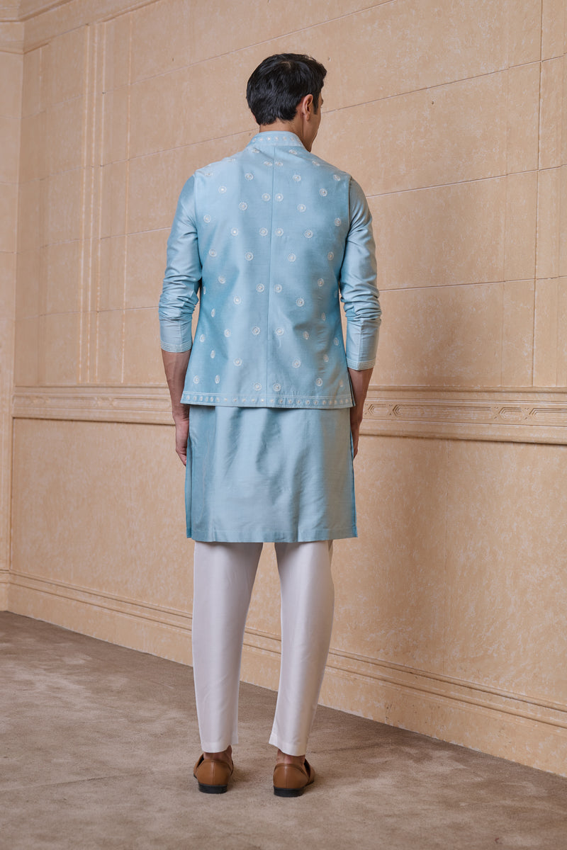 Light Blue All Over Embroidered Kurta Bundi Set