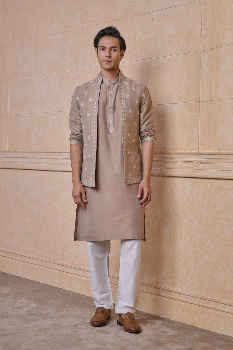 Beige All Over Embroidered Kurta Bundi Set