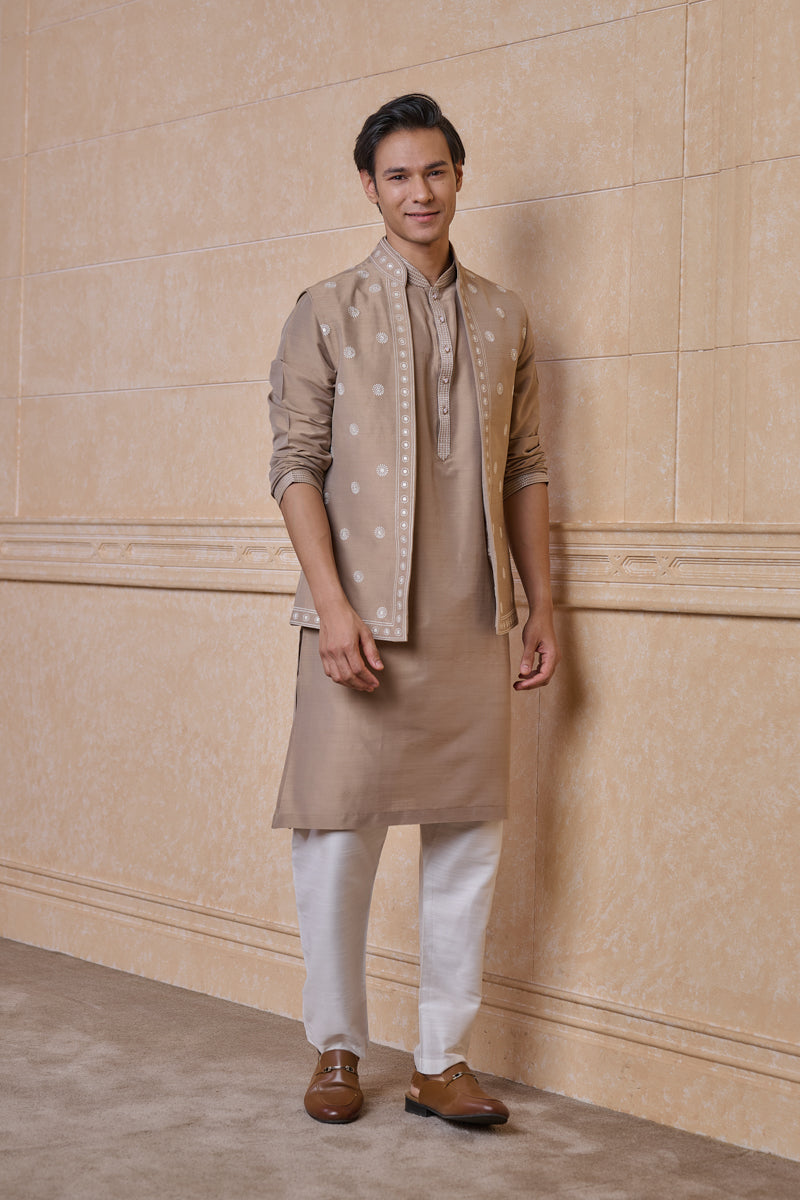 Beige All Over Embroidered Kurta Bundi Set