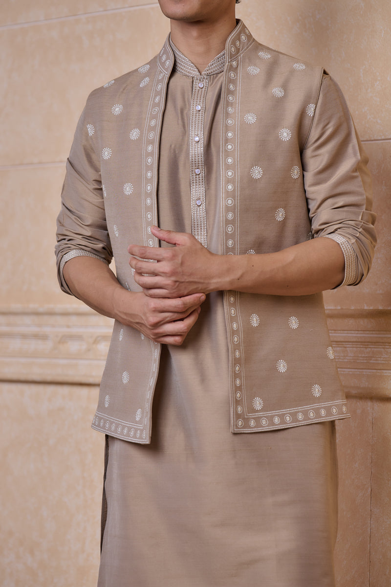 Beige All Over Embroidered Kurta Bundi Set