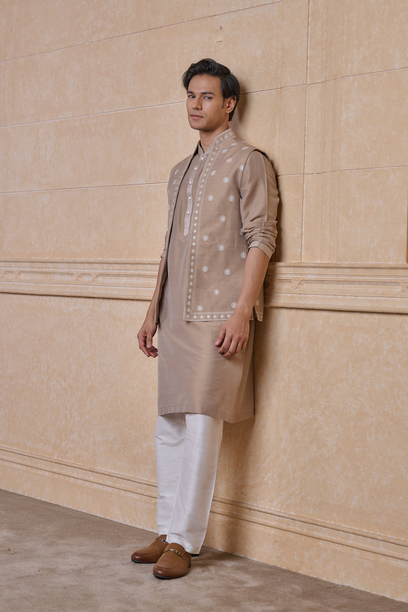 Beige All Over Embroidered Kurta Bundi Set