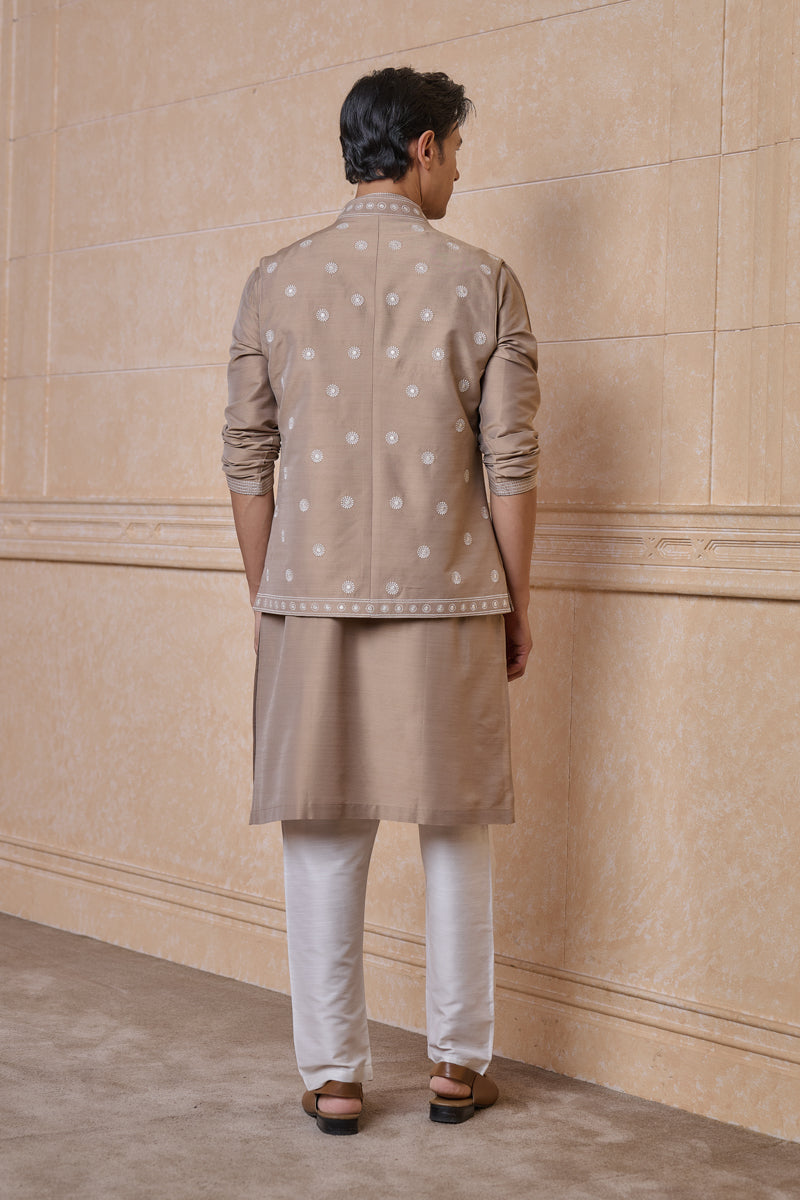 Beige All Over Embroidered Kurta Bundi Set