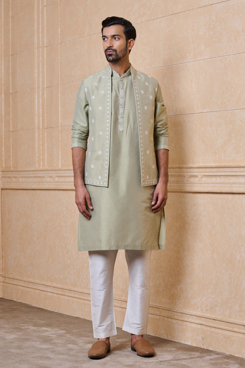 Light Green All Over Embroidered Kurta Bundi Set