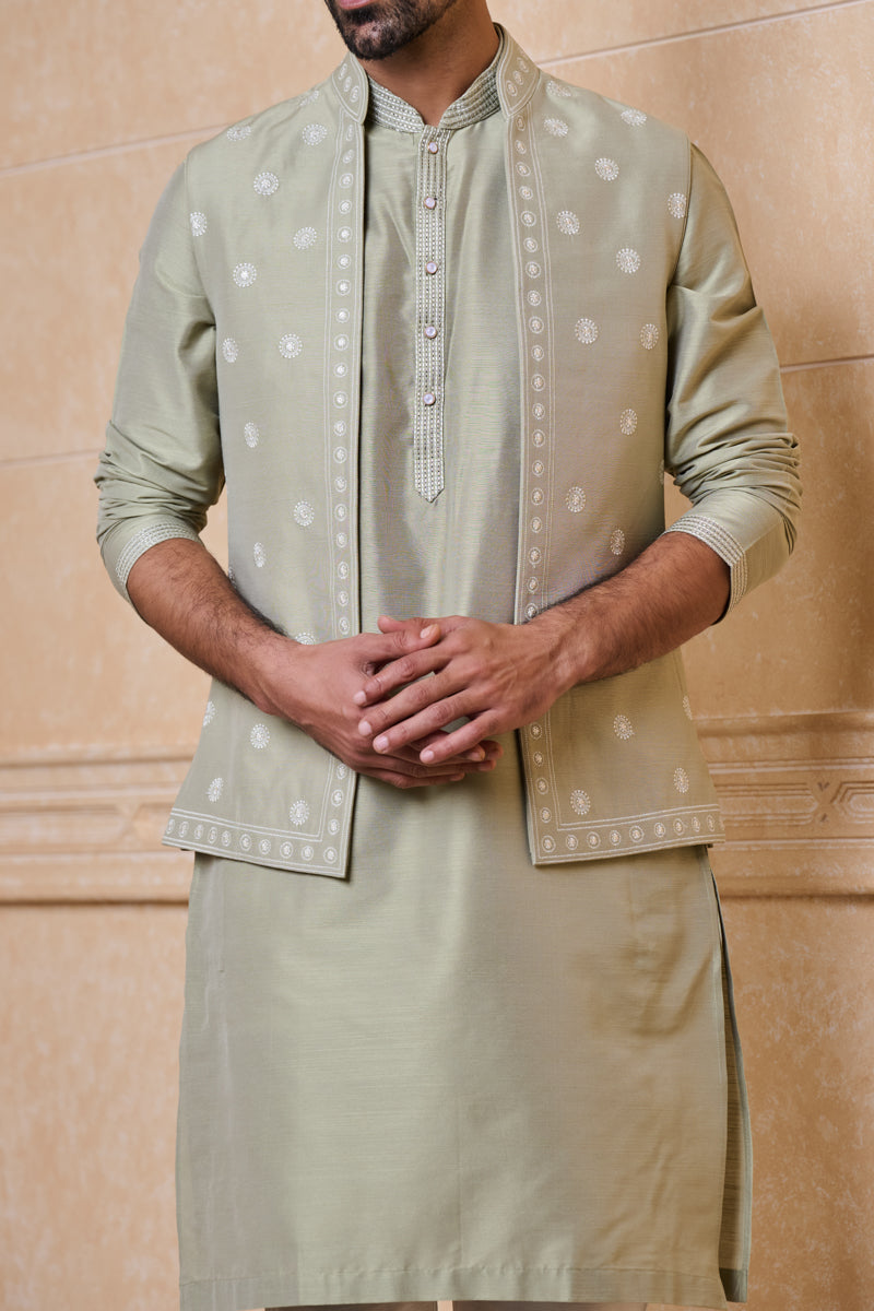 Light Green All Over Embroidered Kurta Bundi Set