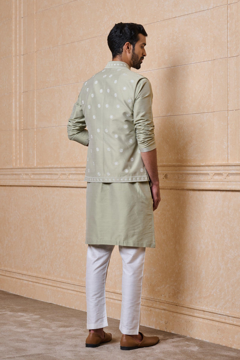 Light Green All Over Embroidered Kurta Bundi Set