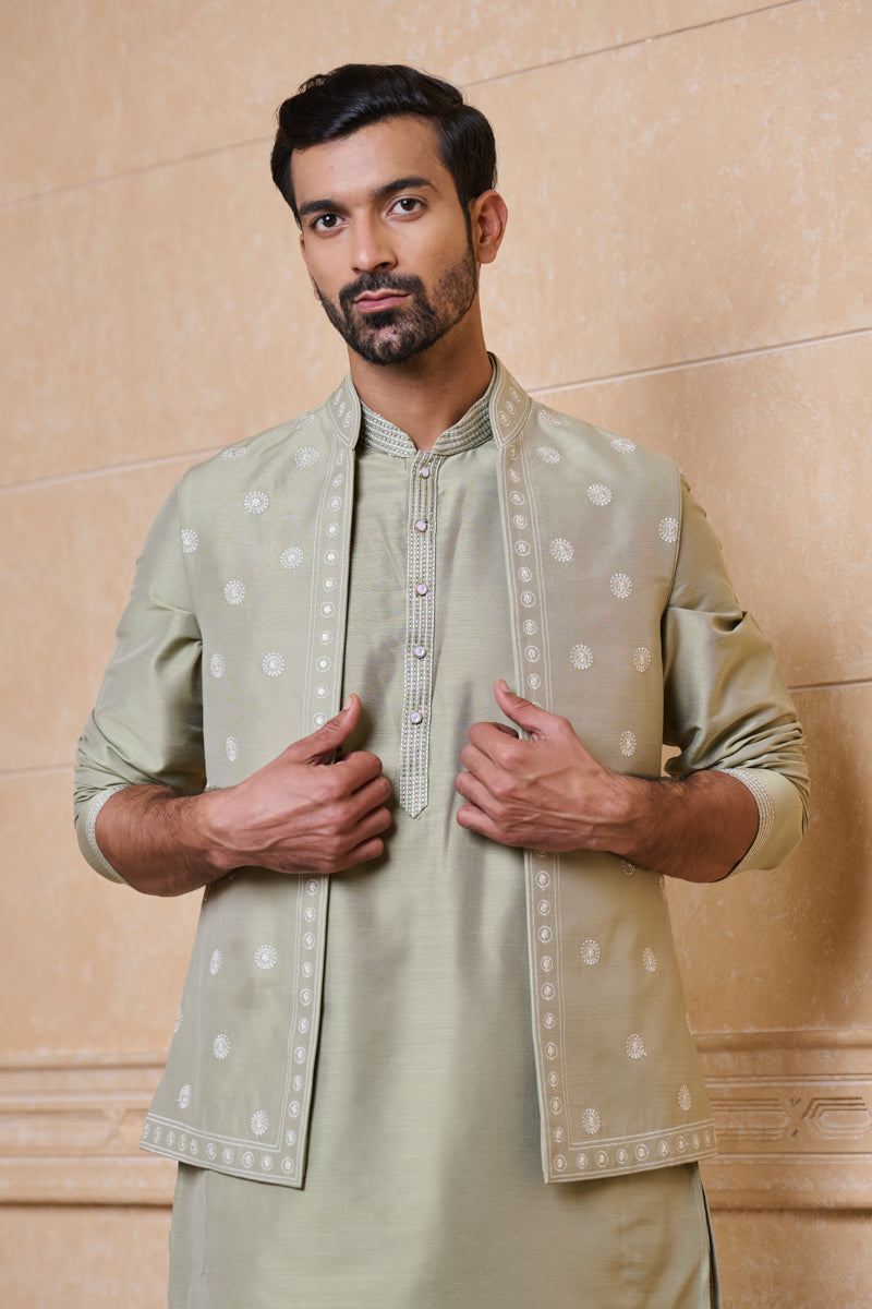 Light Green All Over Embroidered Kurta Bundi Set