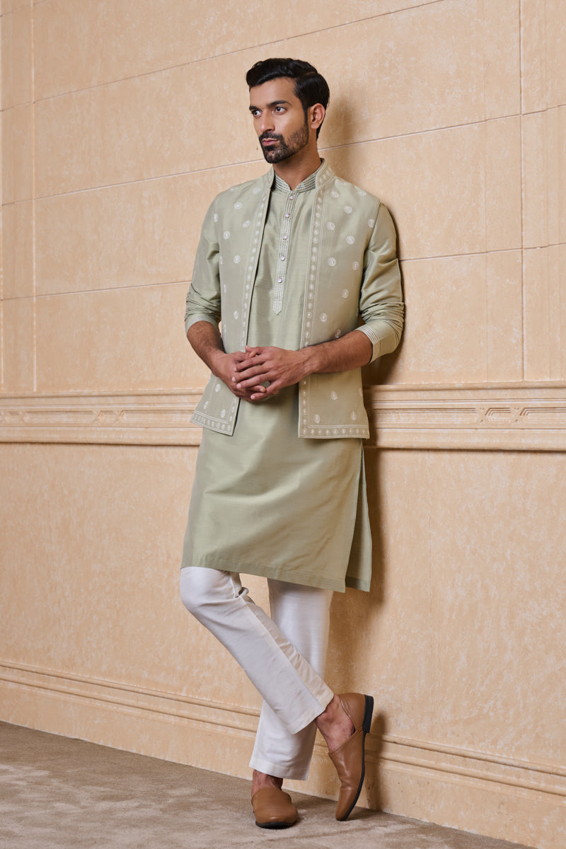 Light Green All Over Embroidered Kurta Bundi Set