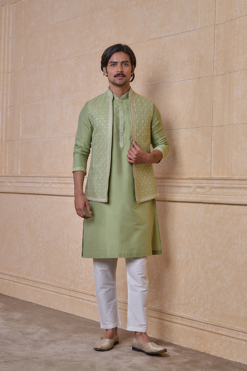 Light Green All Over Embroidered Kurta Bundi Set