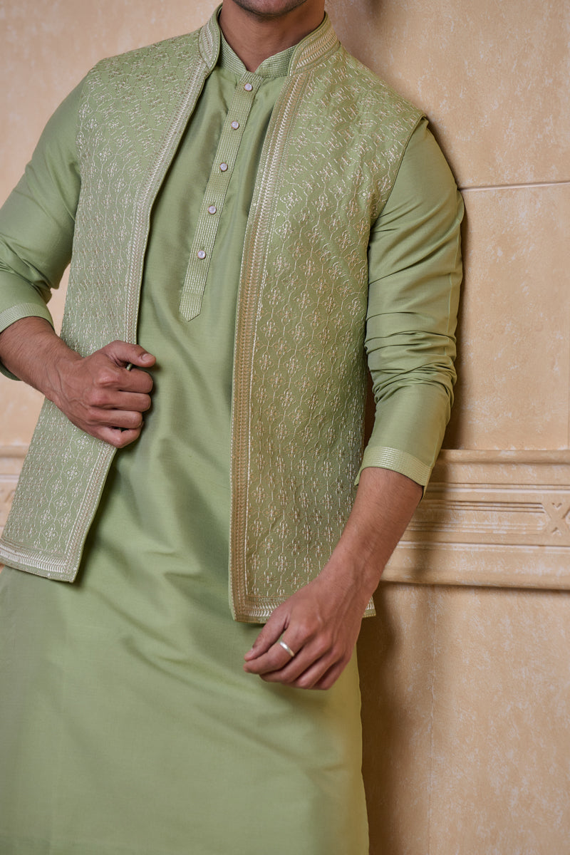 Light Green All Over Embroidered Kurta Bundi Set