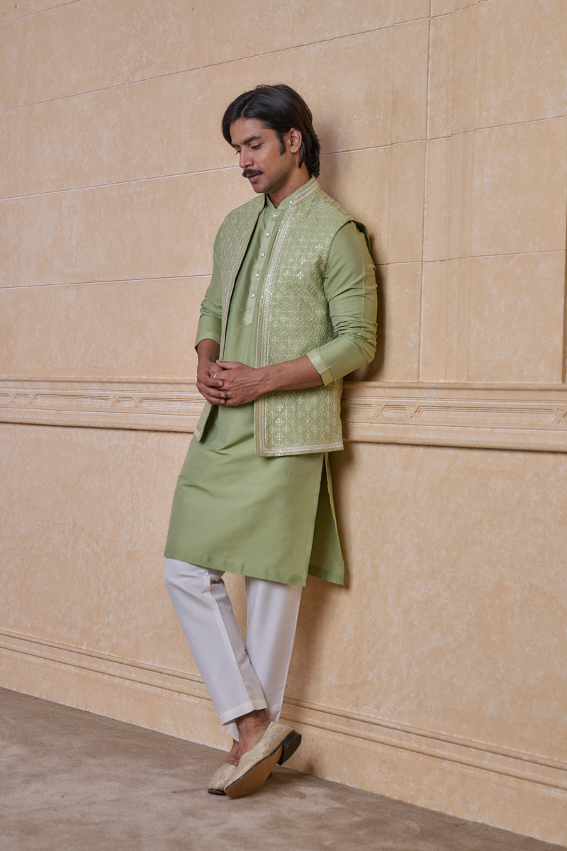 Light Green All Over Embroidered Kurta Bundi Set