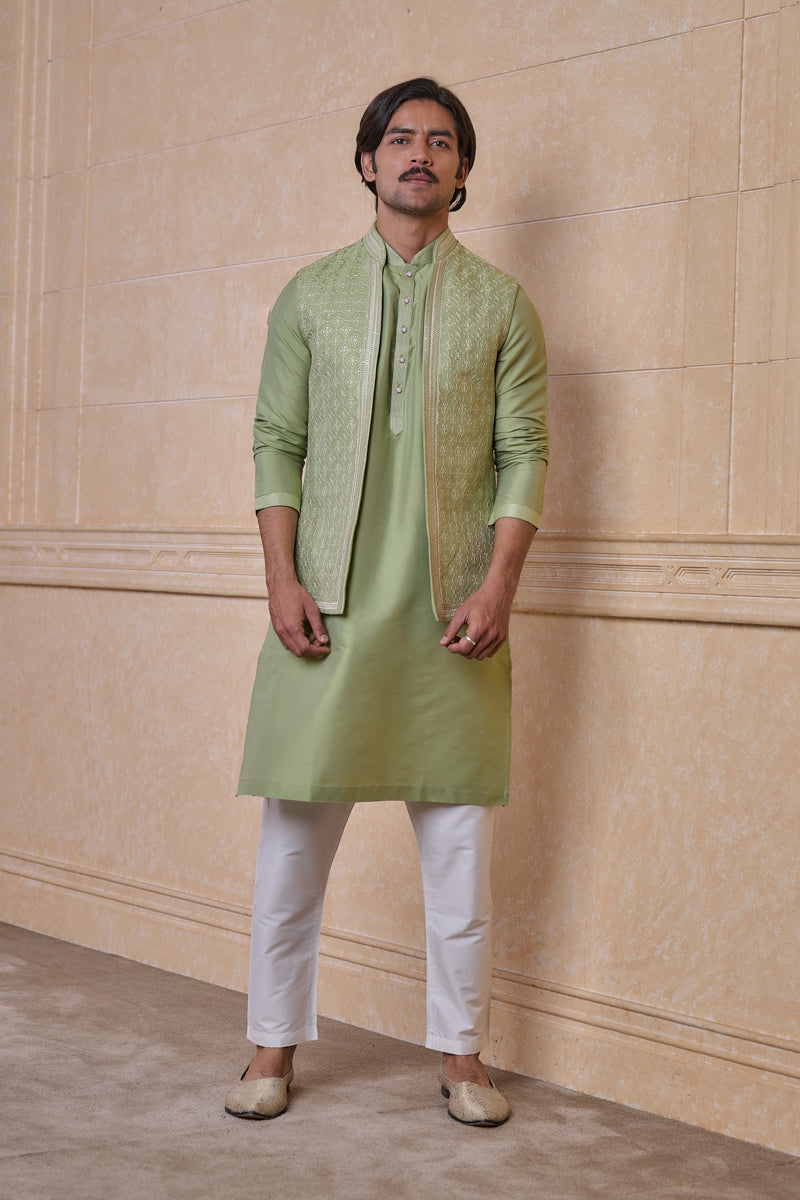 Light Green All Over Embroidered Kurta Bundi Set