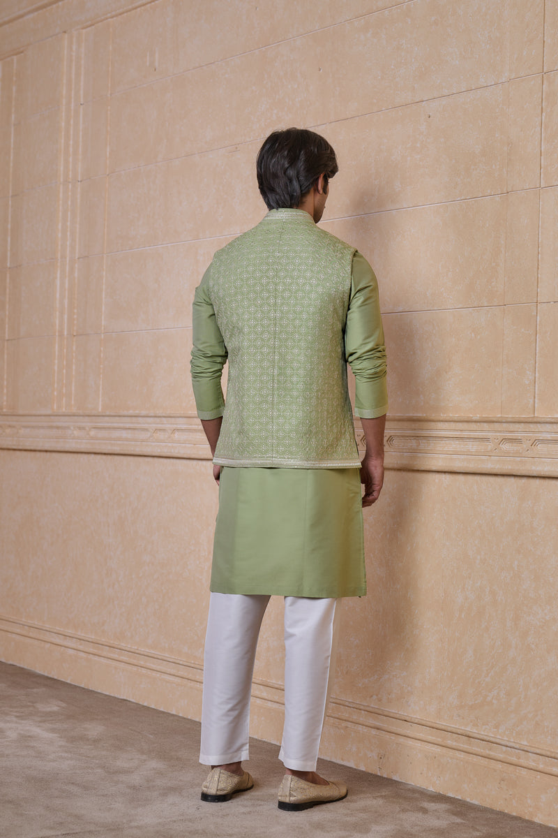 Light Green All Over Embroidered Kurta Bundi Set