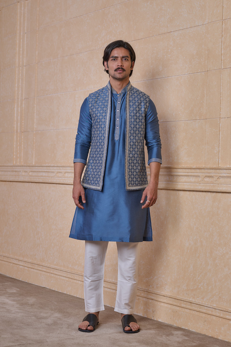 Medium Blue All Over Embroidered Kurta Bundi Set