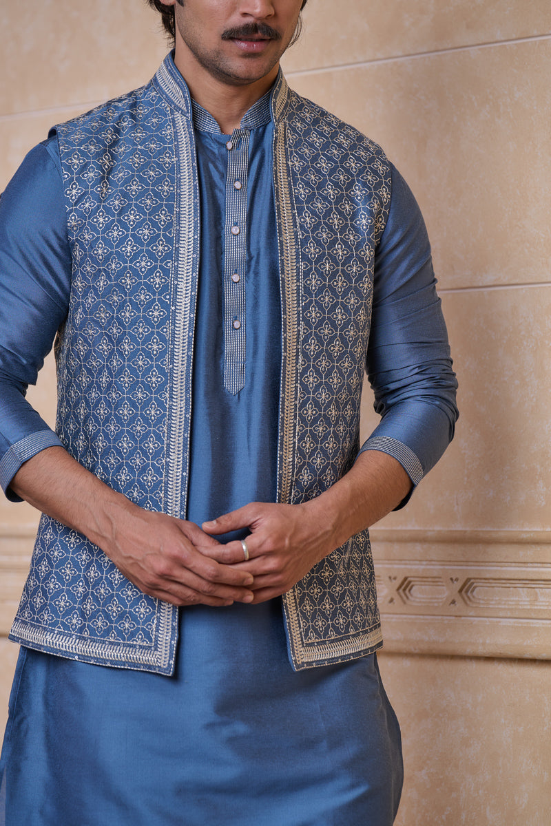 Medium Blue All Over Embroidered Kurta Bundi Set