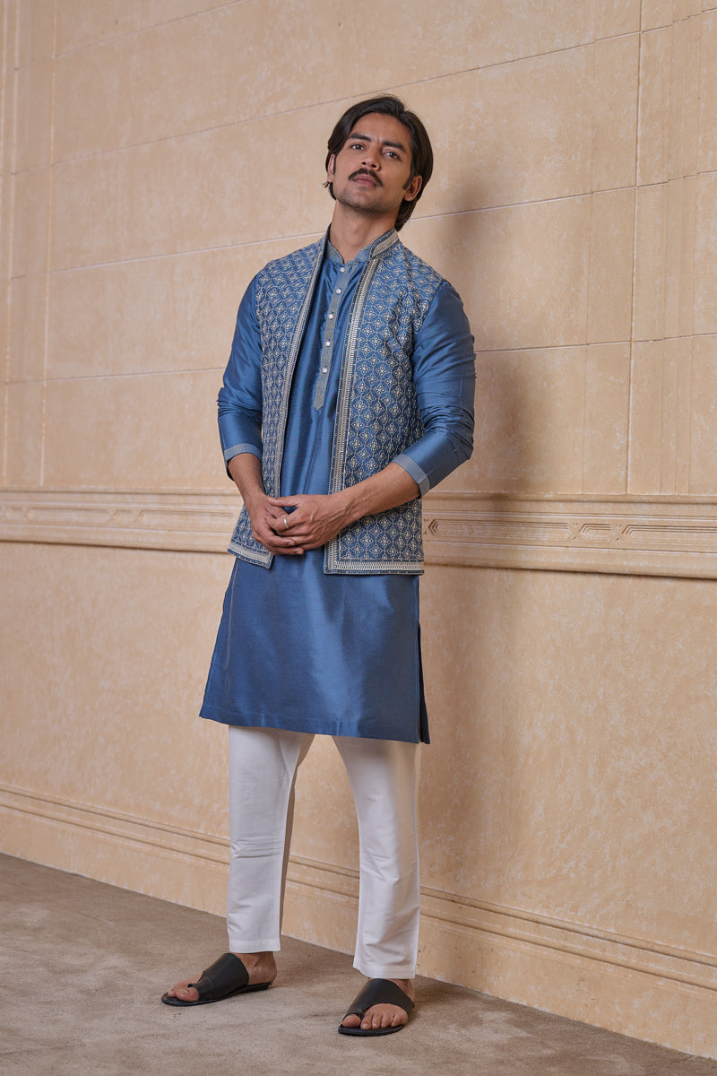 Medium Blue All Over Embroidered Kurta Bundi Set