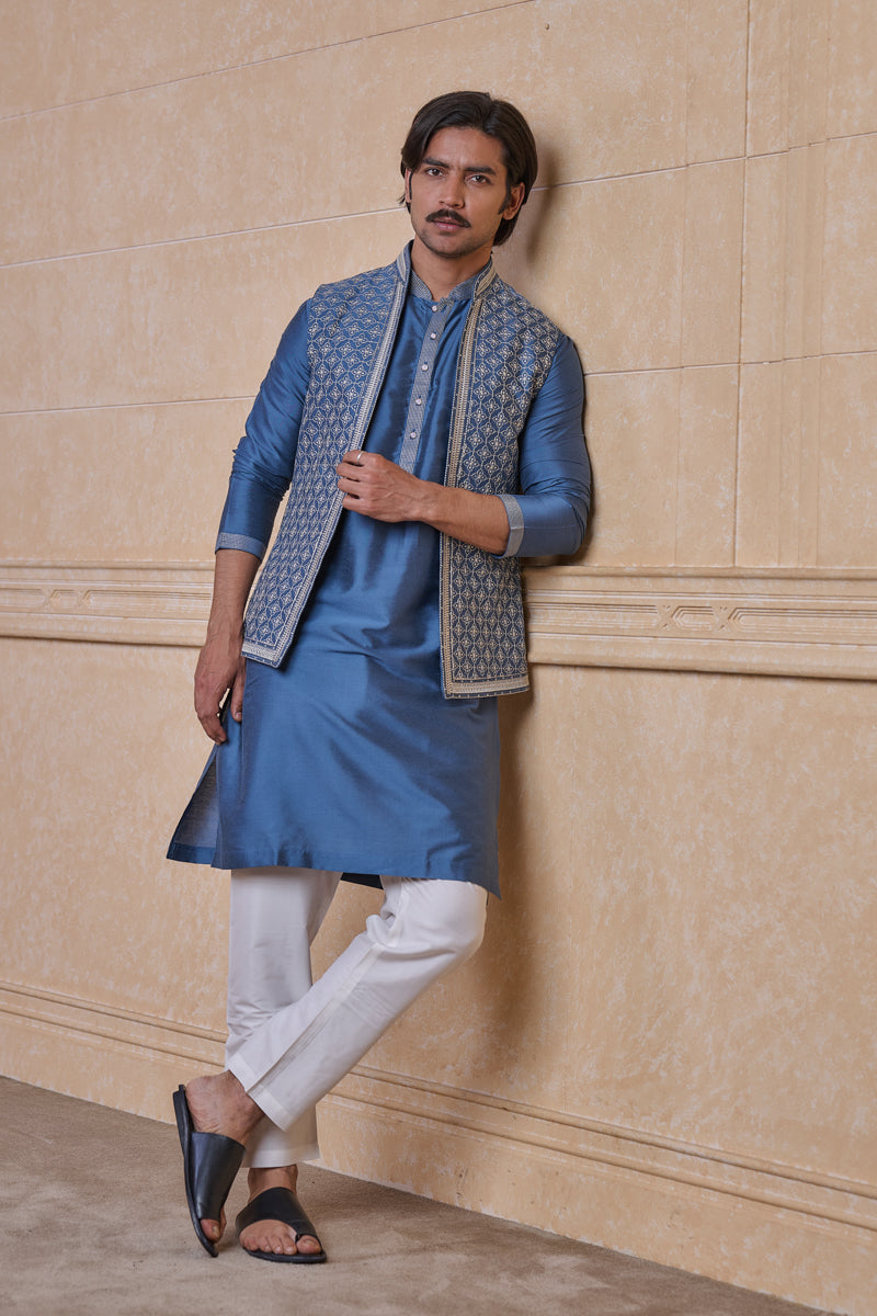 Medium Blue All Over Embroidered Kurta Bundi Set