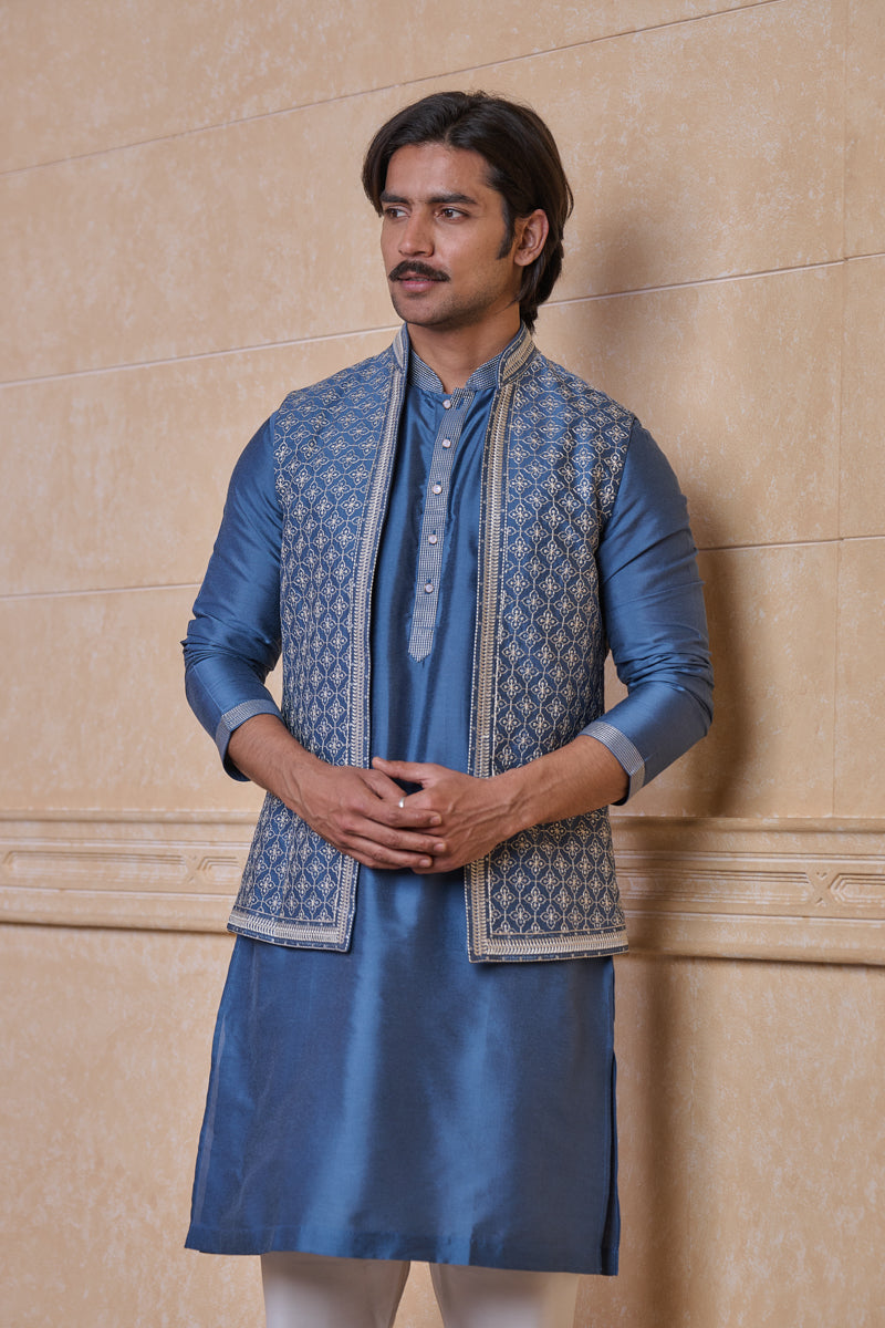 Medium Blue All Over Embroidered Kurta Bundi Set