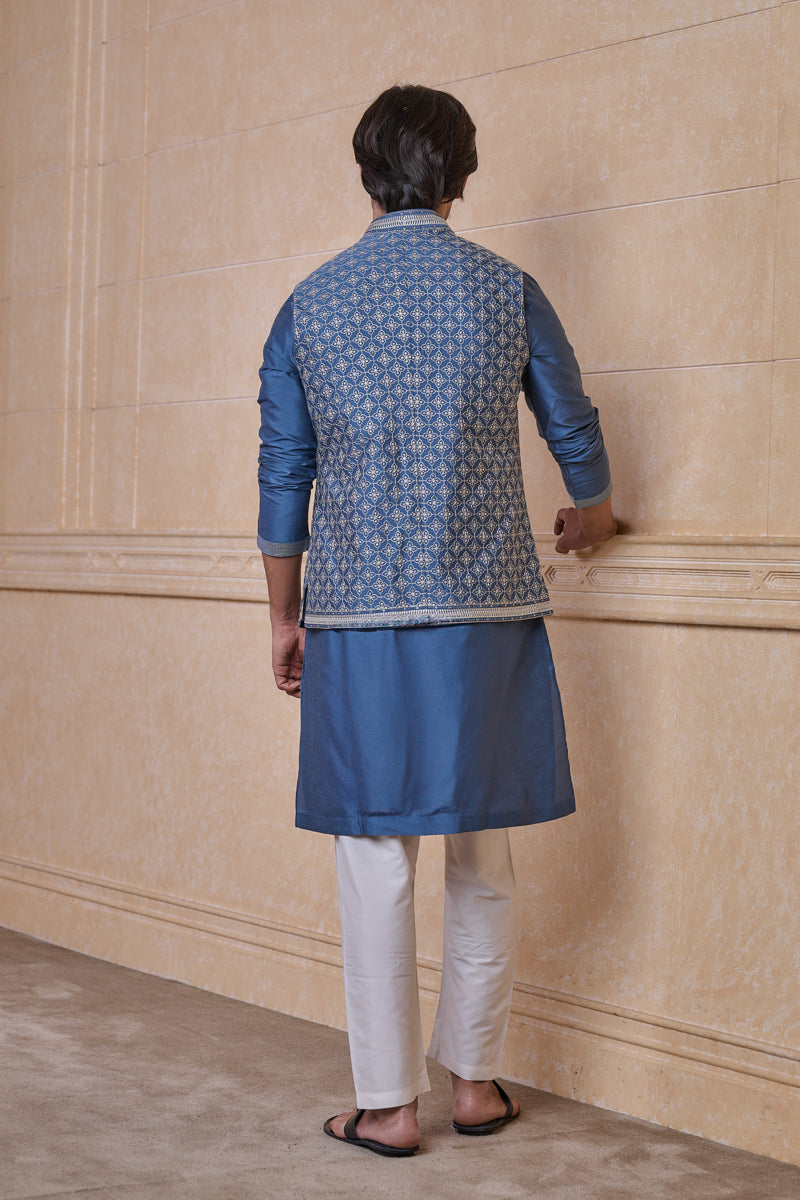 Medium Blue All Over Embroidered Kurta Bundi Set