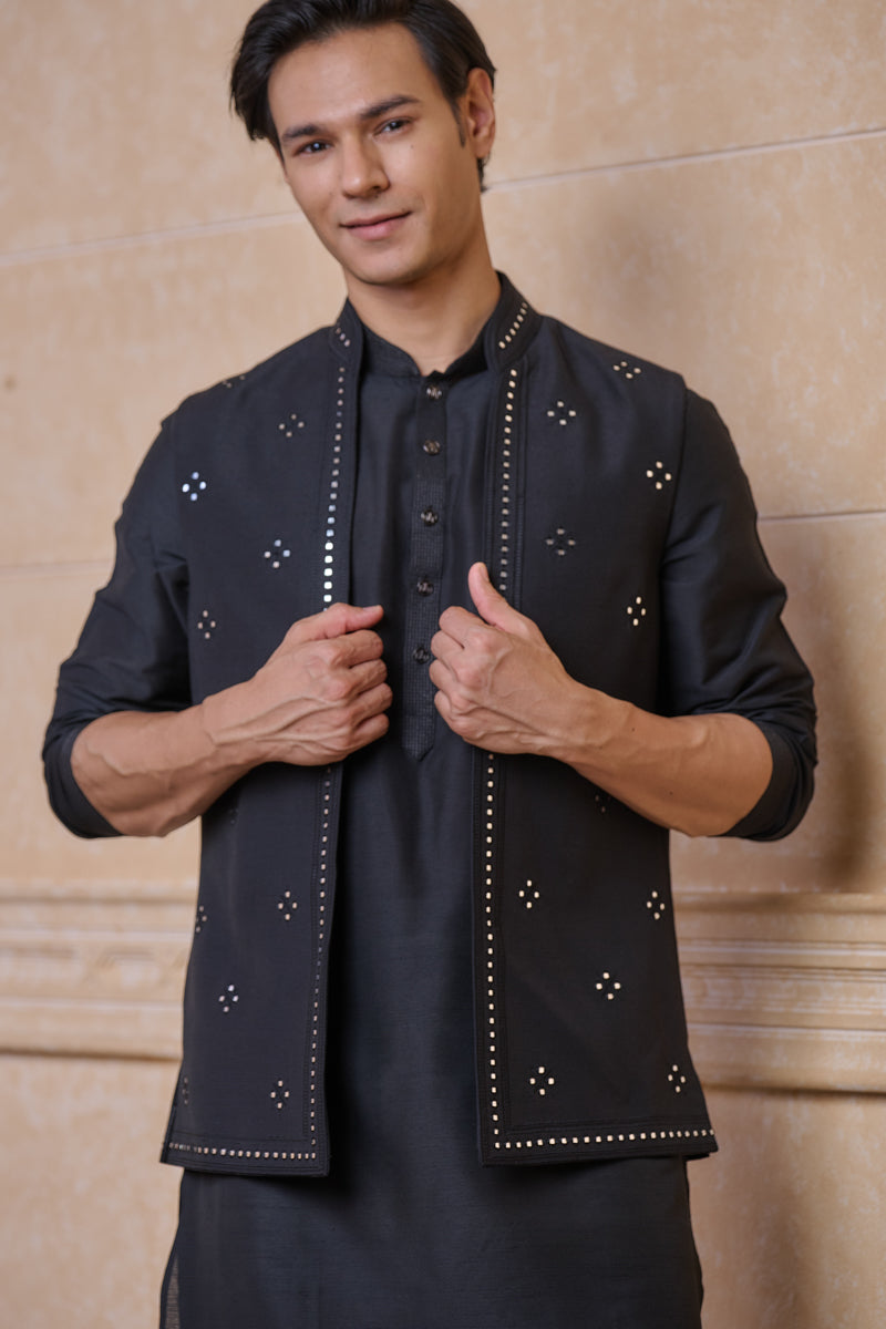 Black All Over Embroidered Kurta Bundi Set