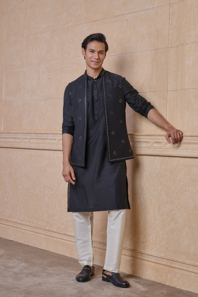 Black All Over Embroidered Kurta Bundi Set