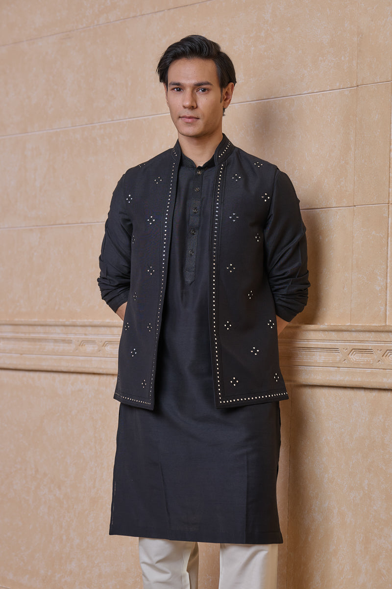 Black All Over Embroidered Kurta Bundi Set