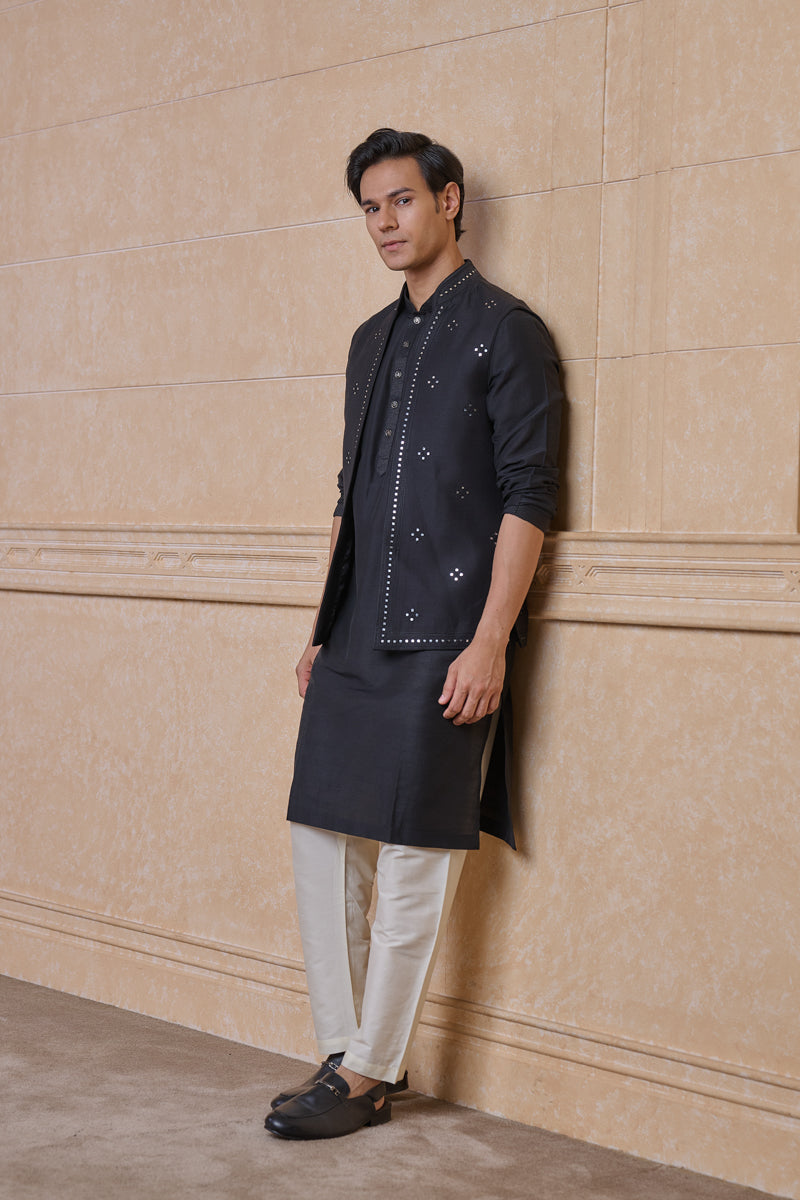 Black All Over Embroidered Kurta Bundi Set