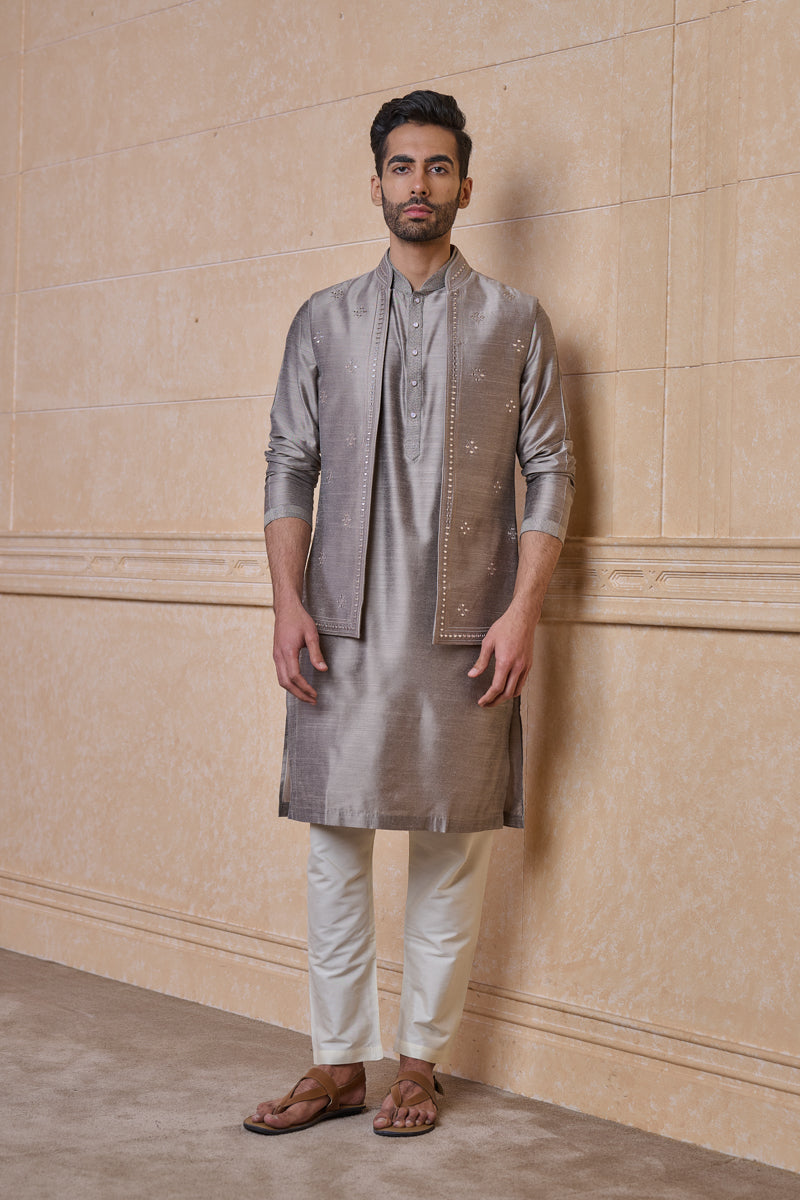 Medium Grey All Over Embroidered Kurta Bundi Set