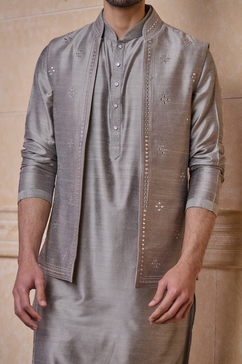 Medium Grey All Over Embroidered Kurta Bundi Set