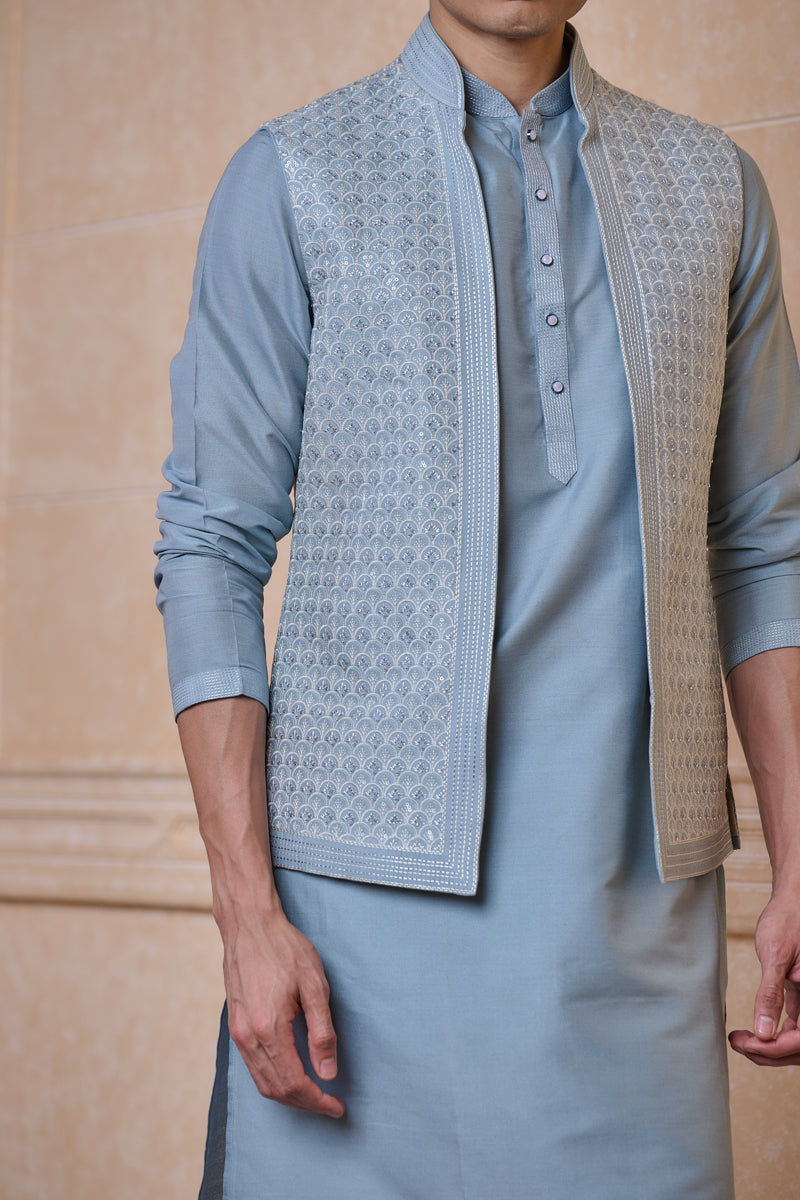 Light Blue All Over Embroidered Kurta Bundi Set