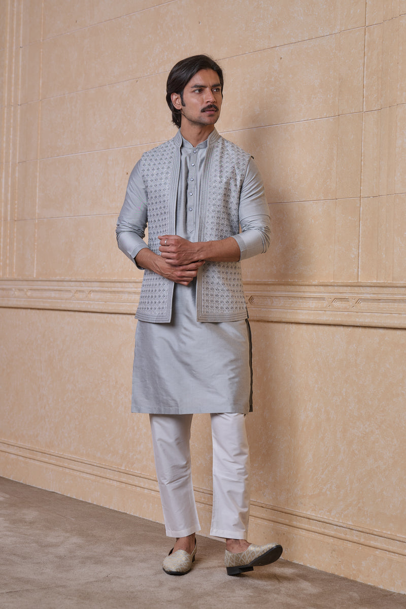 Light Grey All Over Embroidered Kurta Bundi Set