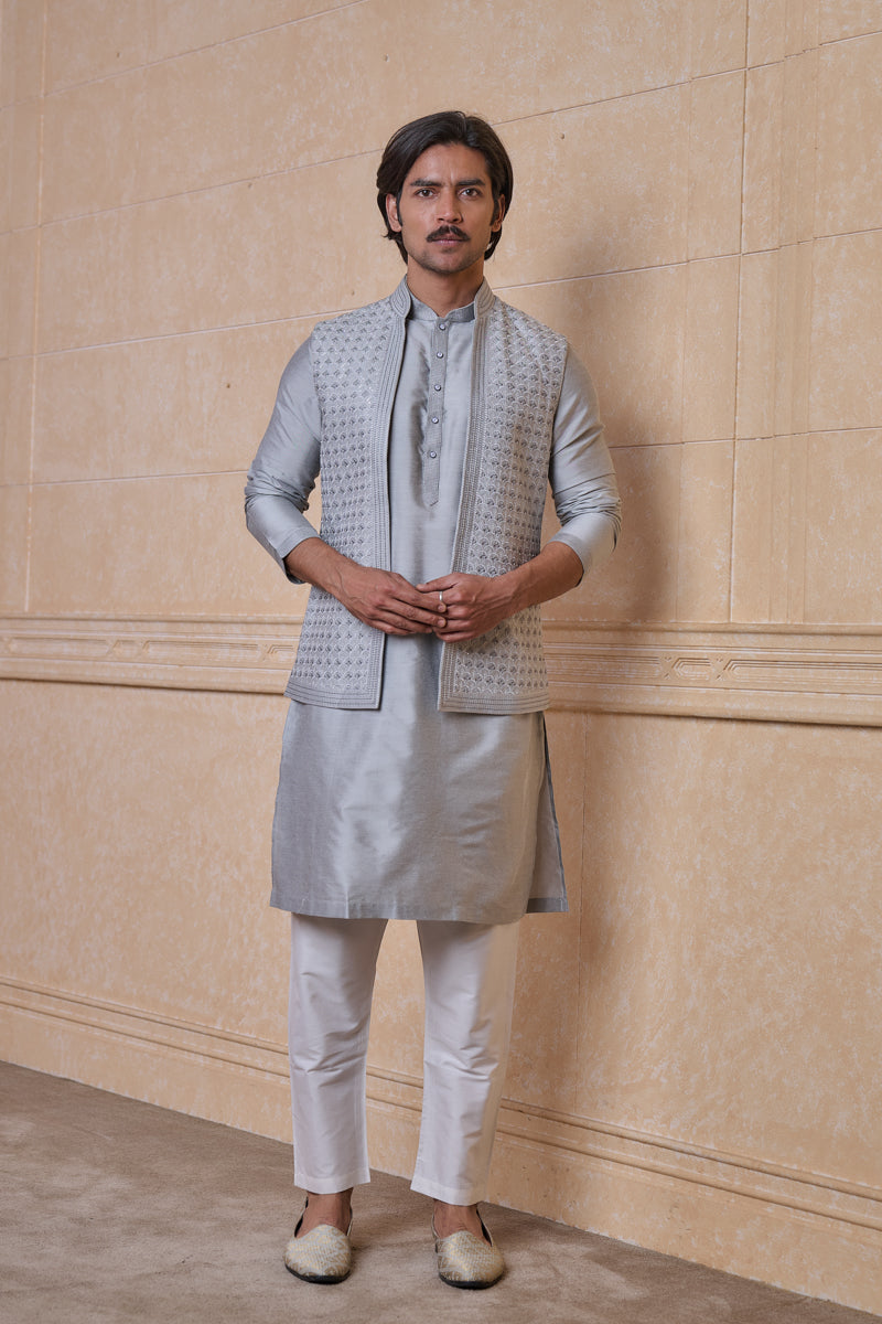 Light Grey All Over Embroidered Kurta Bundi Set