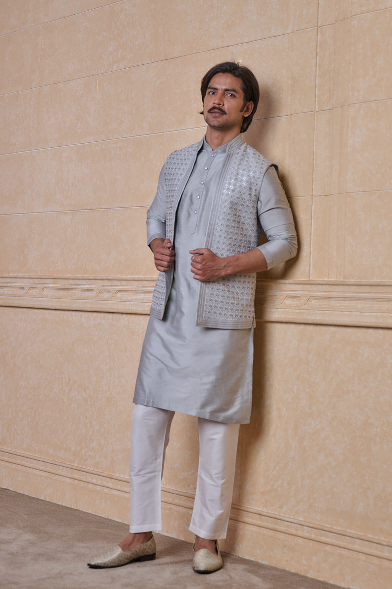 Light Grey All Over Embroidered Kurta Bundi Set