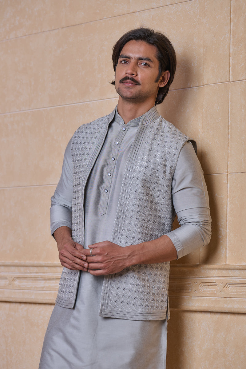 Light Grey All Over Embroidered Kurta Bundi Set