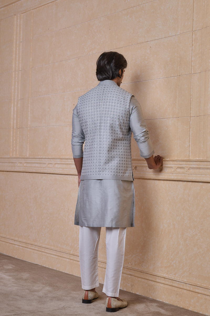 Light Grey All Over Embroidered Kurta Bundi Set