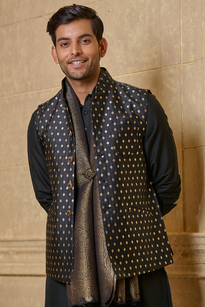 Black Zari Brocade Kurta Bundi Set